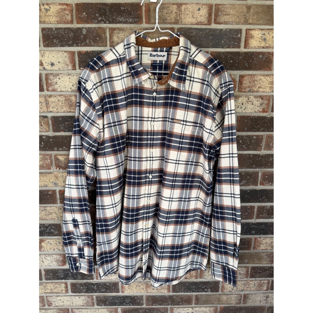 Barbour Portdown Button Down Shirt XL Cream Brown Plaid Tailored Fit Soft Twill